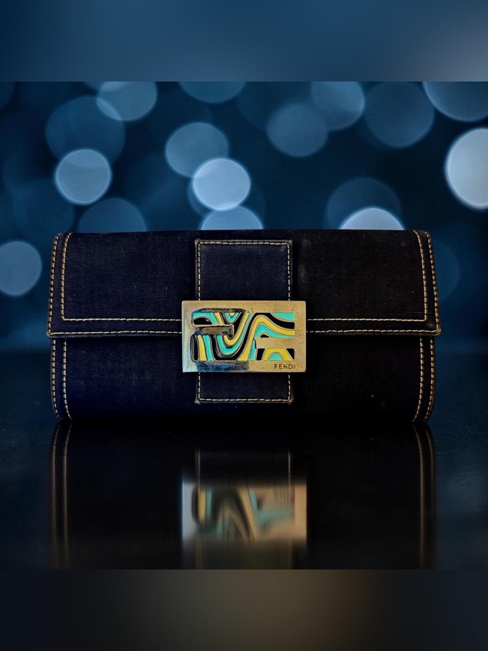 Fendi Navy Canvas Enamel FF Logo Buckle Vintage Continental Wallet (A536)